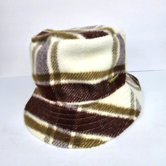 STEVE MADDEN Fuzzy Plaid‎ Bucket Hat Y2K 90s Vibes Cream Brown Womens One Size - Picture 1 of 9